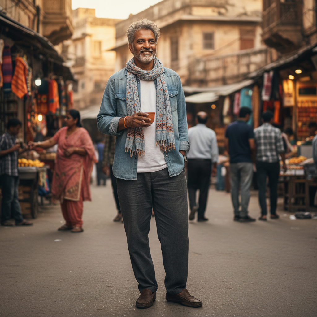 A smiling middle-aged man with gray hair and a patterned scarf stands in a crowded marketplace, holding a small clay cup.